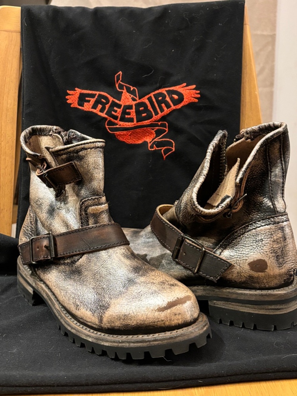 NEW👝Freebird Harley Leather - Metallic Distressed Leather Boots - Size 8